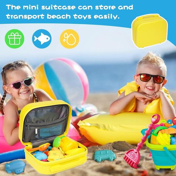 32 PCS Sand Toys Set, Collapsible Sand Bucket Shovels Mesh Bag Yellow Suitcase - Picture 4 of 6